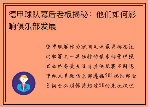 德甲球队幕后老板揭秘：他们如何影响俱乐部发展